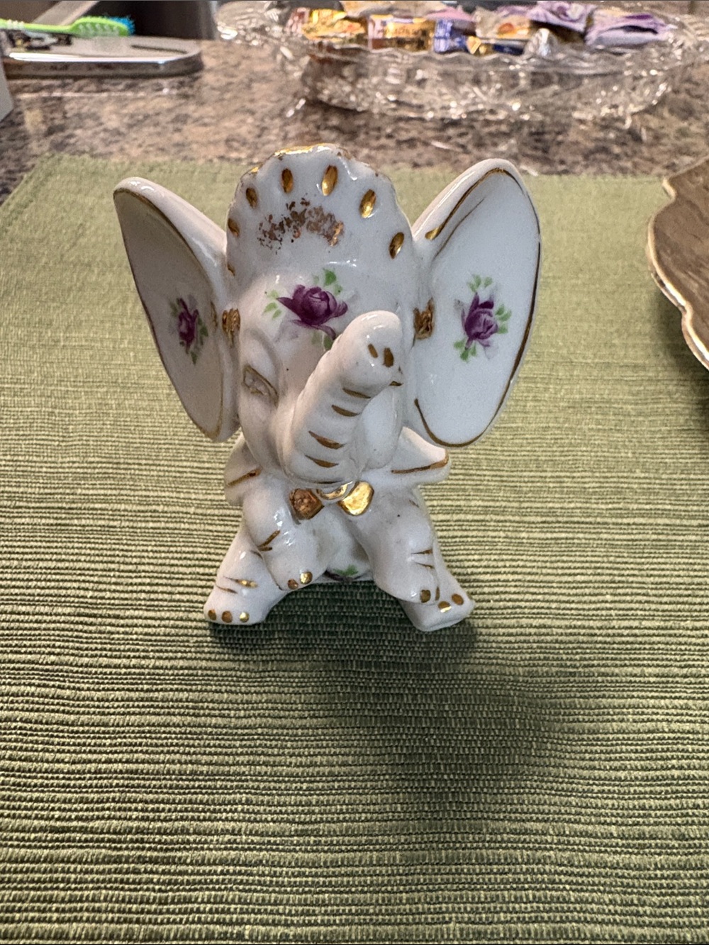 White Porcelain Elephant Figurine with Gold Trim